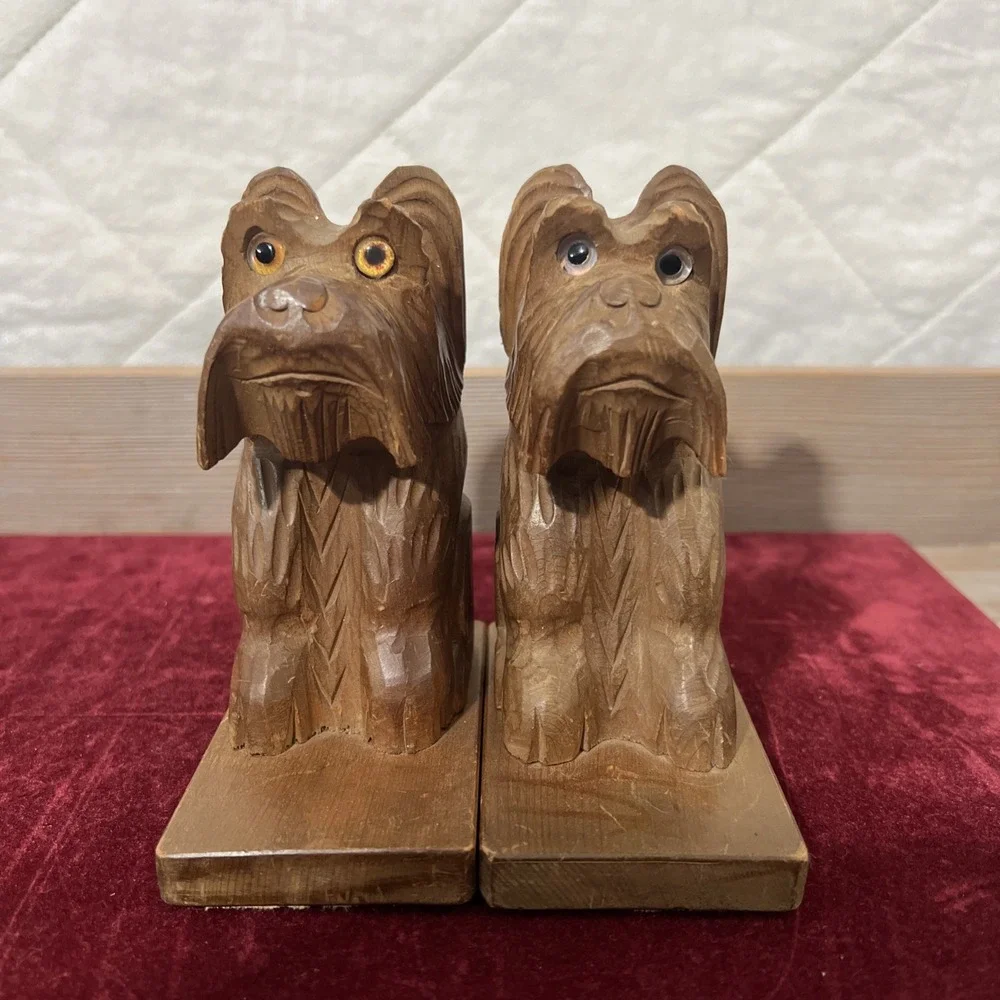 Vtg Terrier Dog Carved‎ Wood Bookends Made in Japan